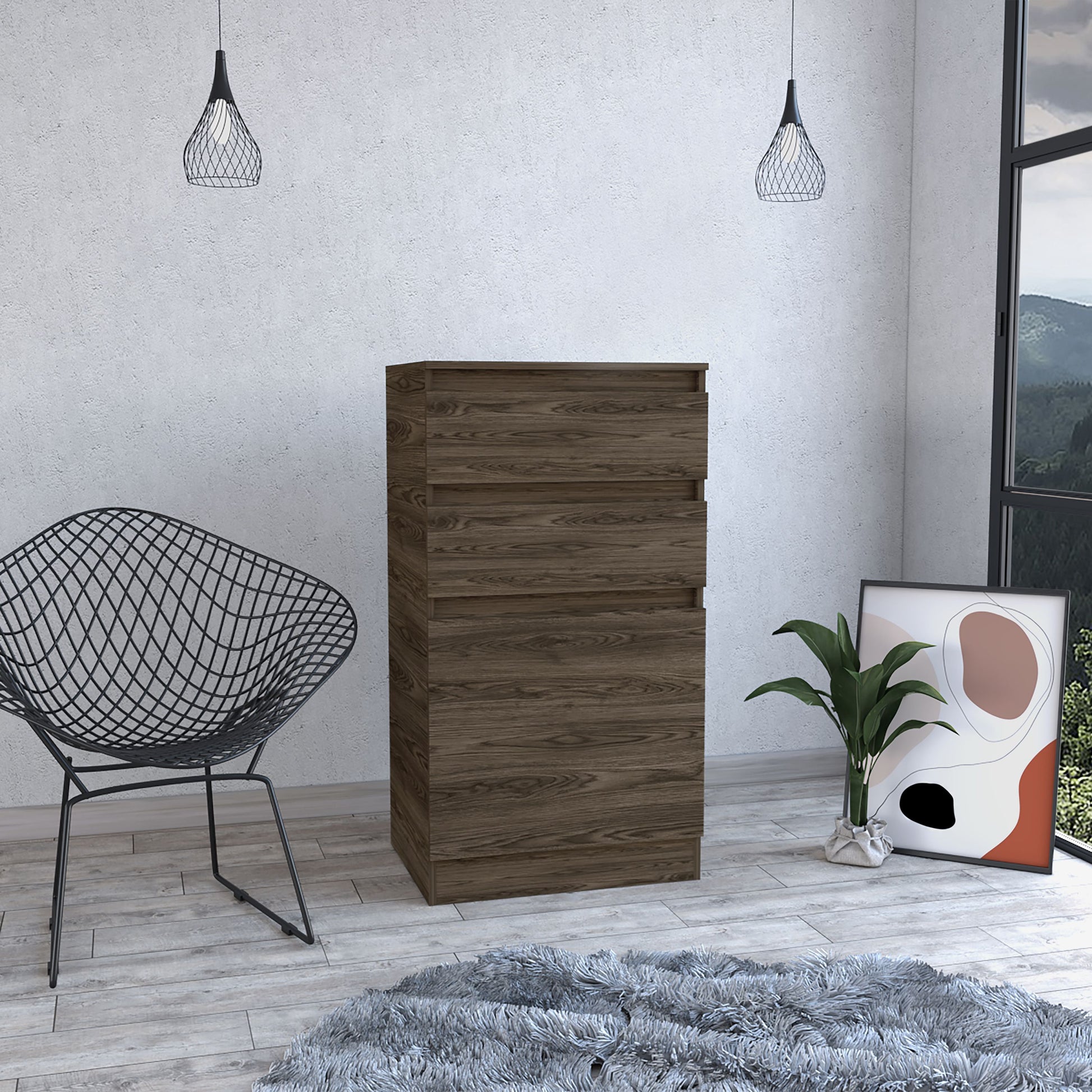 Kamelot dark walnut dresser with multiple drawers in a modern living space