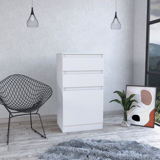 Kamelot white dresser with multiple drawers in a modern showroom setting with framed art and plants