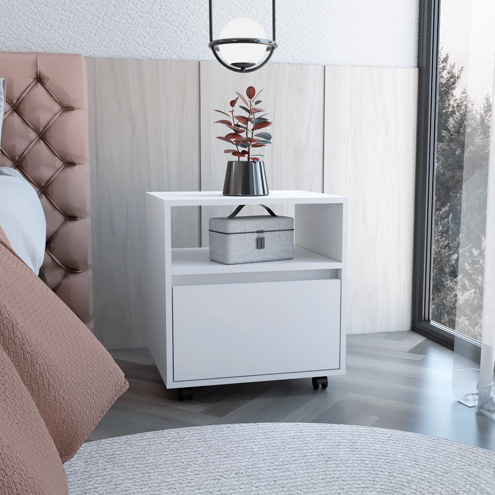 Doba Austin Nightstand with casters, white finish, single drawer and open shelf with gray storage box