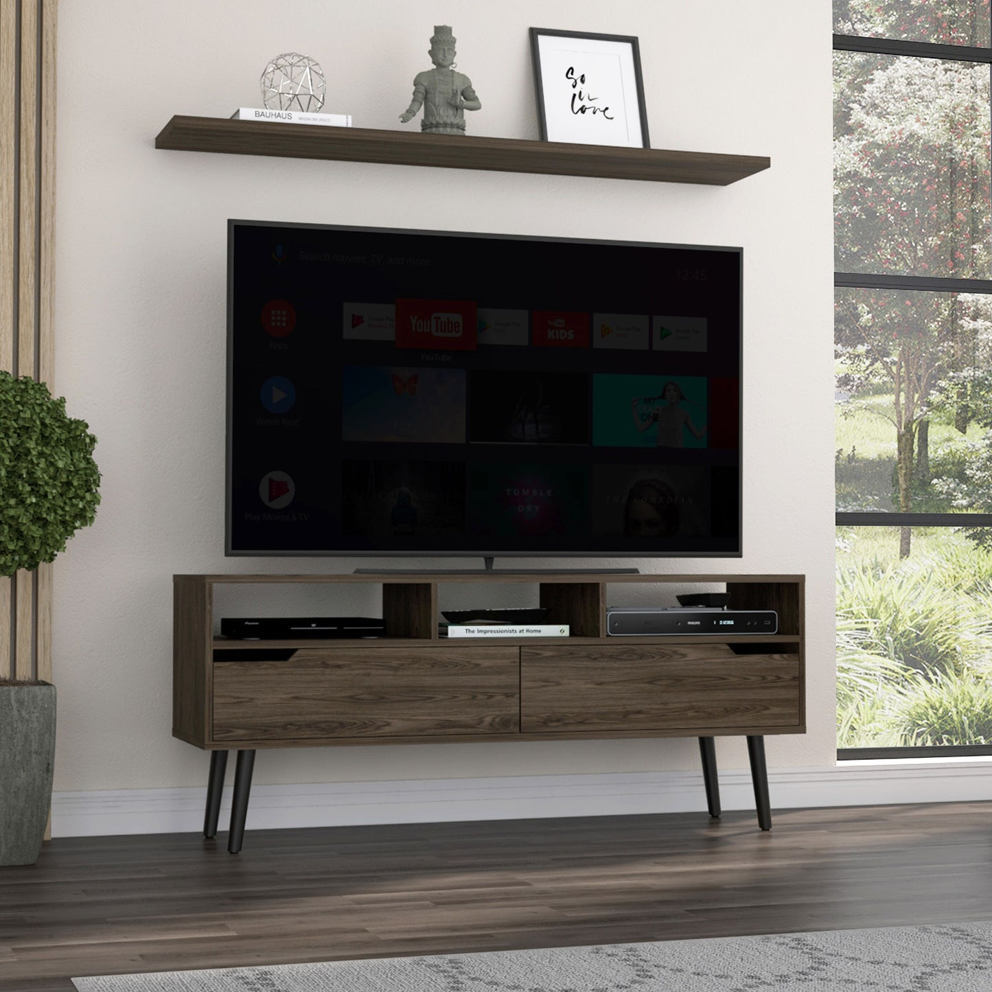 Oslo TV stand for TVs up to 51 inches, dark walnut finish, with two drawers, three open shelves and four legs