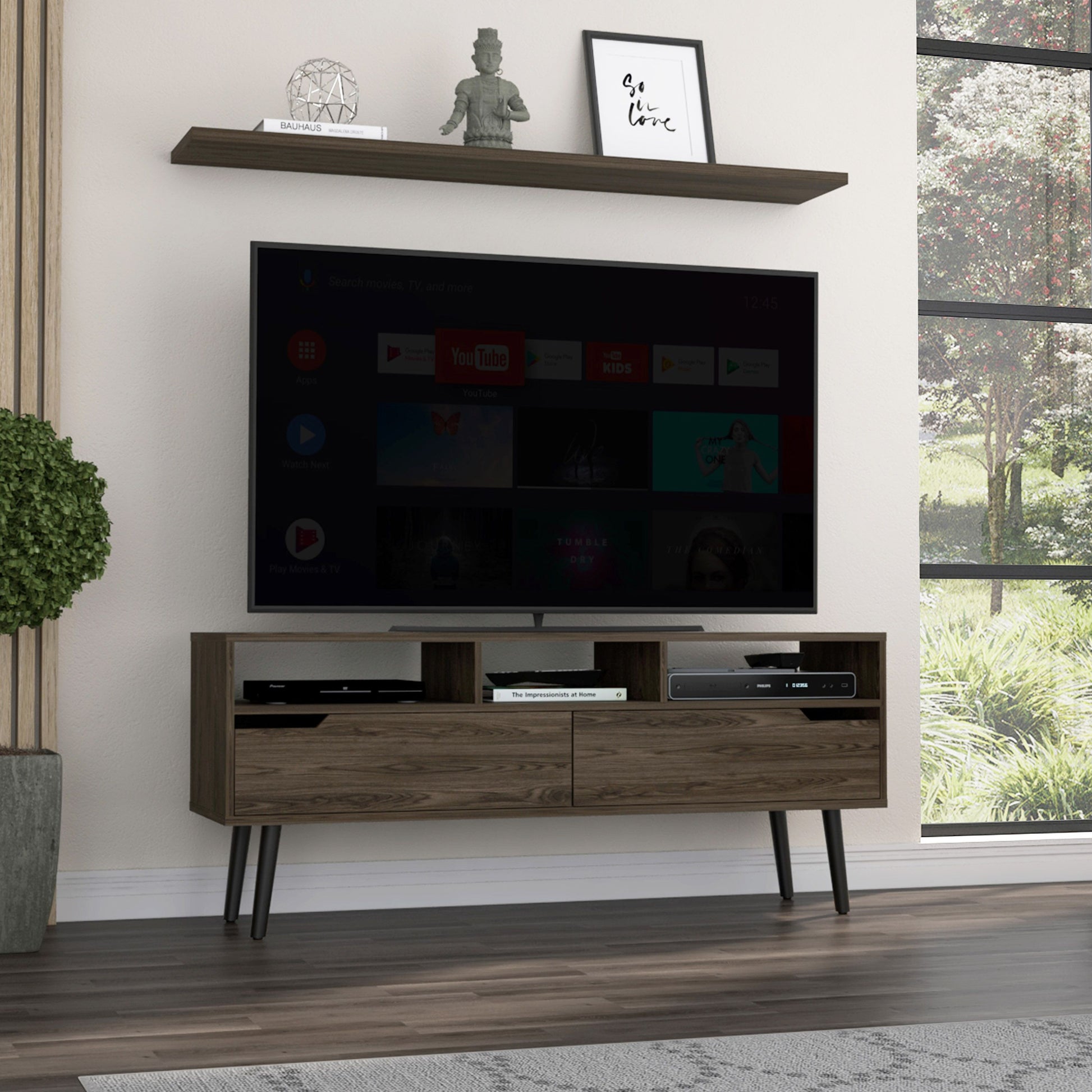 Oslo TV stand for TVs up to 51 inches, dark walnut finish, with two drawers, three open shelves and four legs