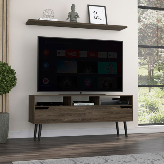 Oslo TV stand for TVs up to 51 inches, dark walnut finish, with two drawers, three open shelves and four legs