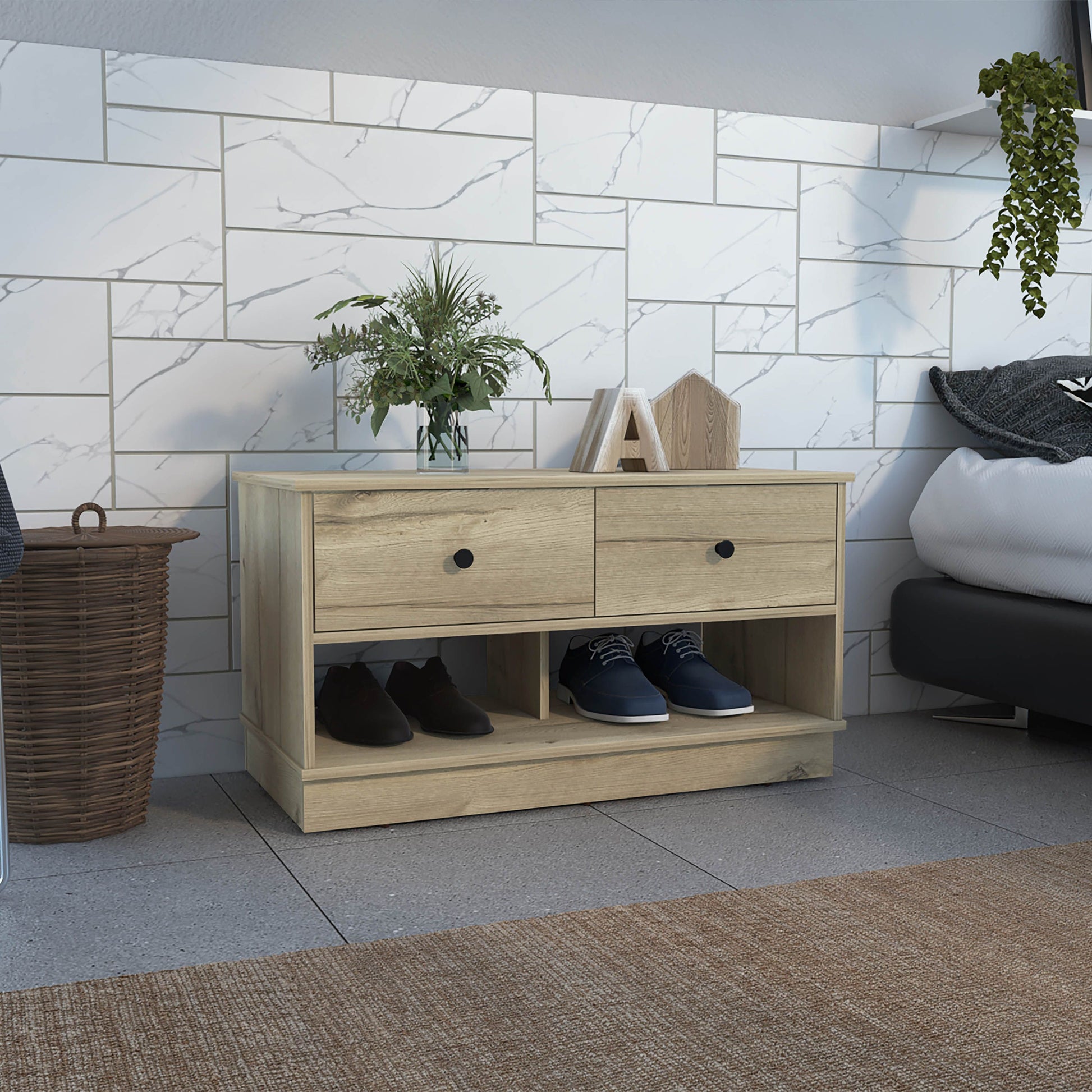 Hamilton Storage Bench in light oak with two drawers and two open shelves.