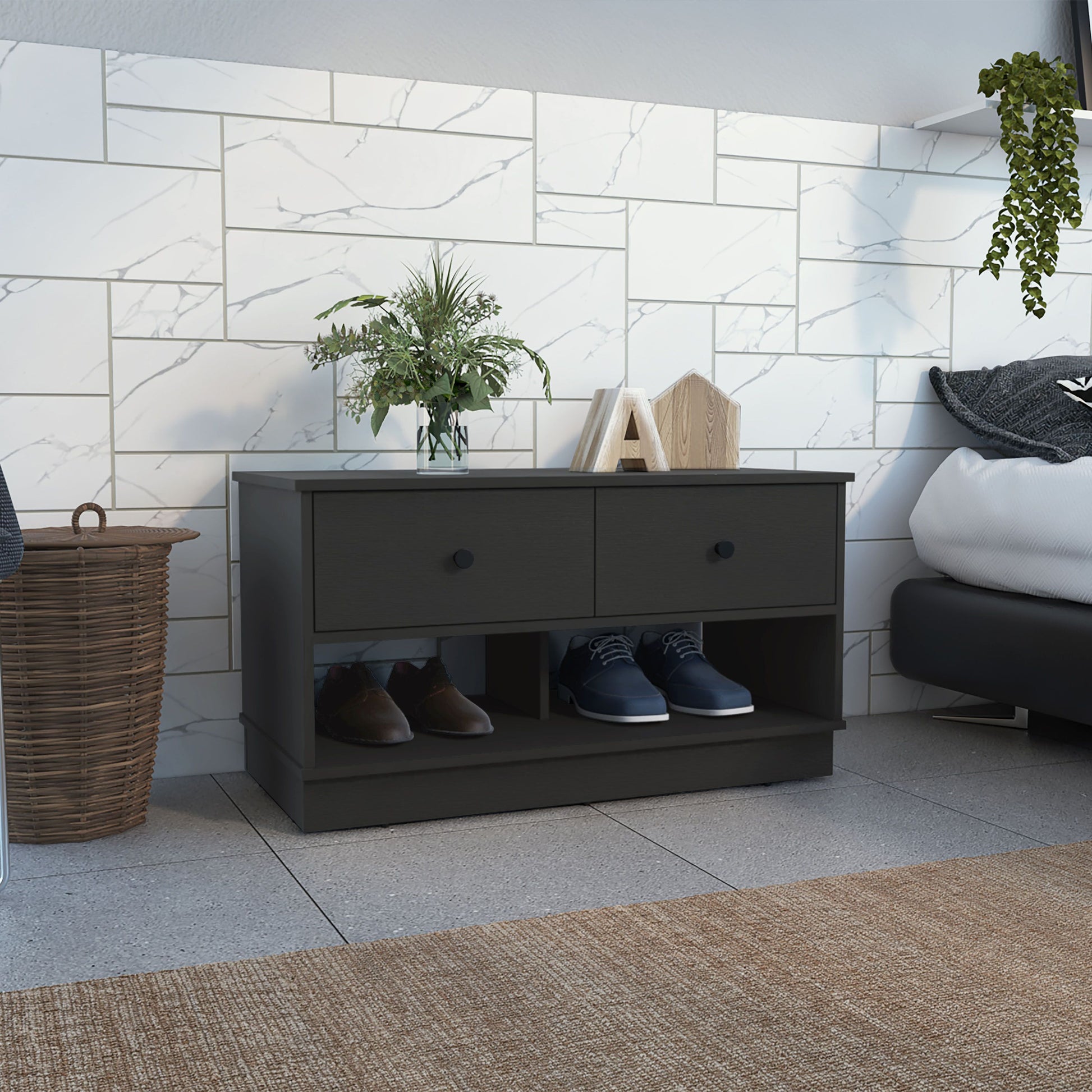 Hamilton storage bench with two open shelves and two drawers in black finish