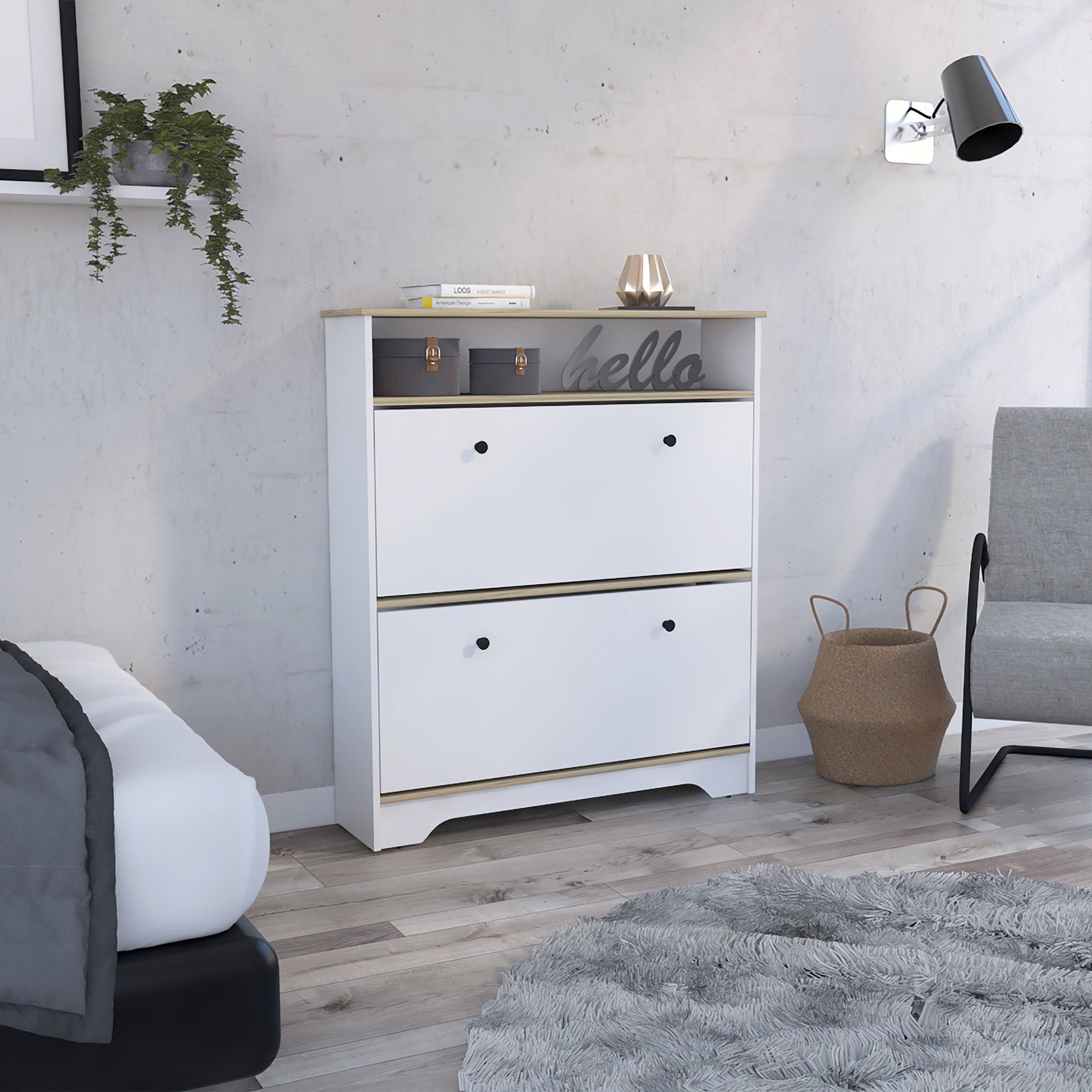 Calgary Shoe Rack with light oak top and white body; one open shelf and two extendable shelves