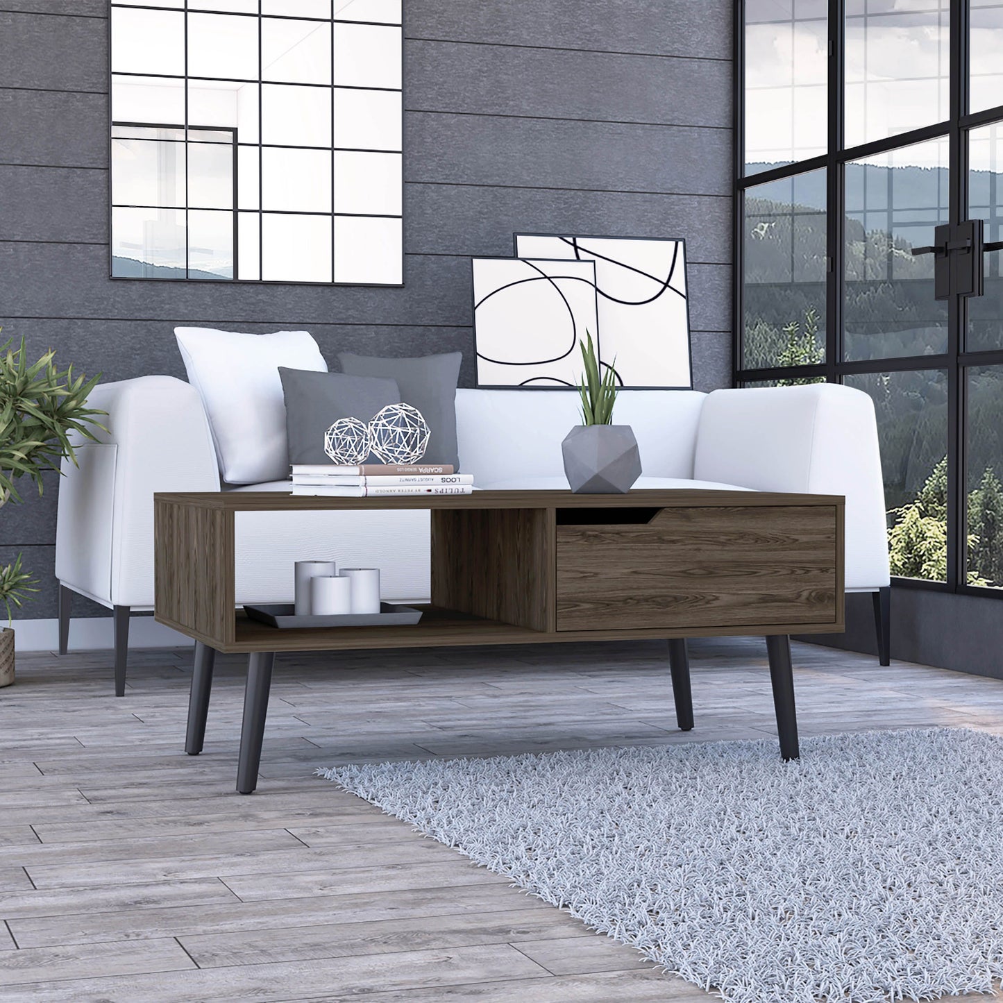 Oslo coffee table in dark walnut finish with one drawer, open shelf, and four legs by Doba