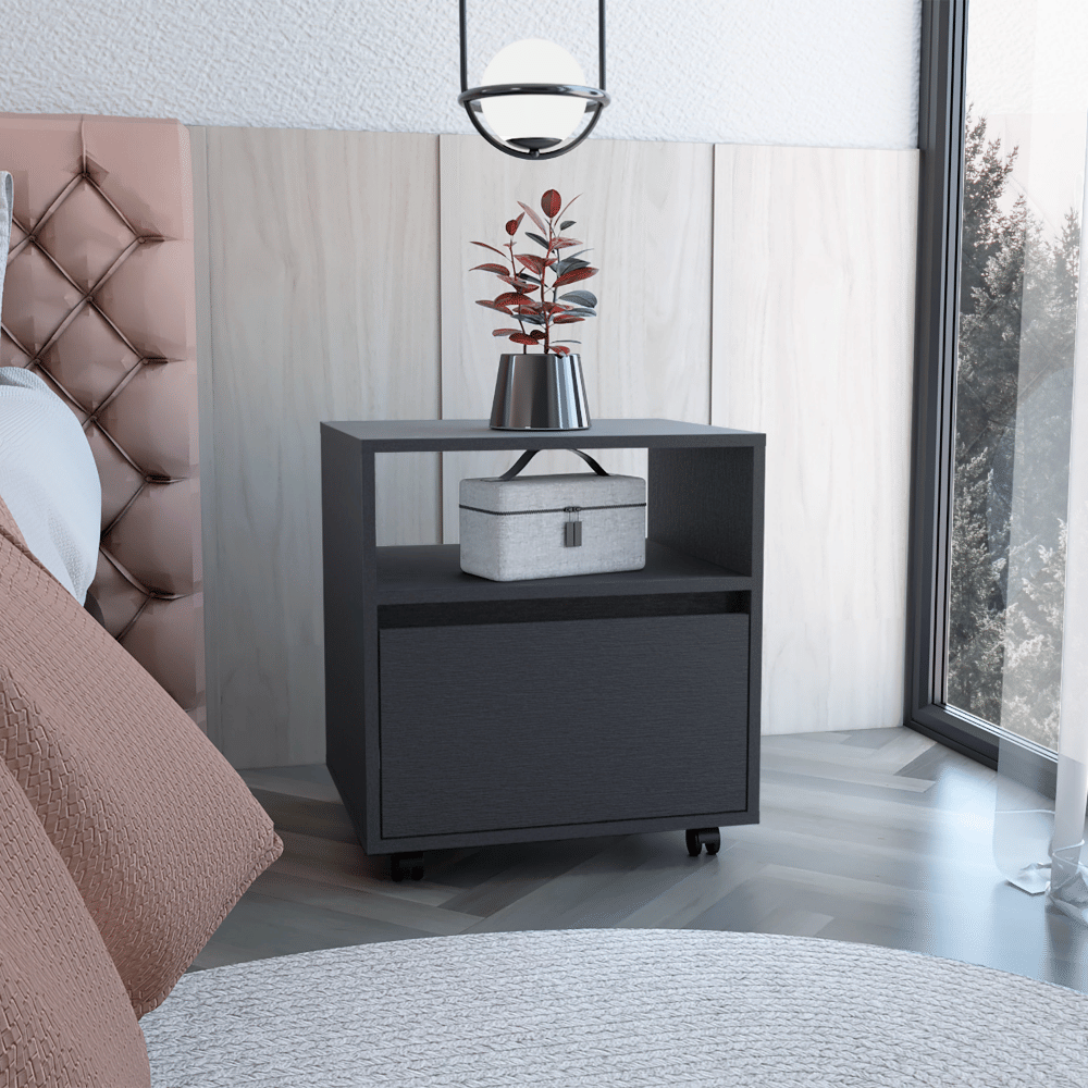 Austin Nightstand with casters; black finish, open shelf above a single drawer, gray storage box on the shelf.