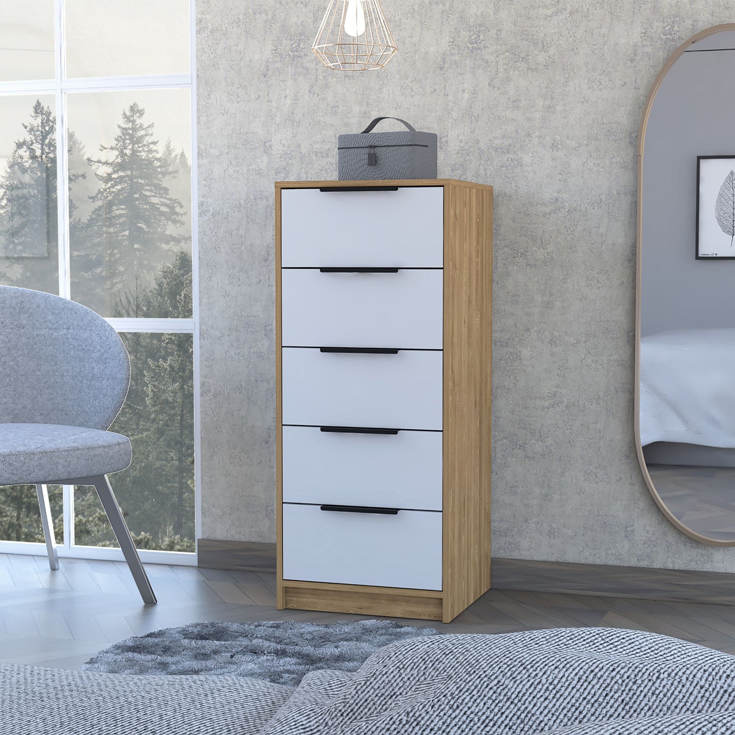 Kaia 5-drawer vertical dresser in white and pine with black drawer pulls; gray storage box on top.