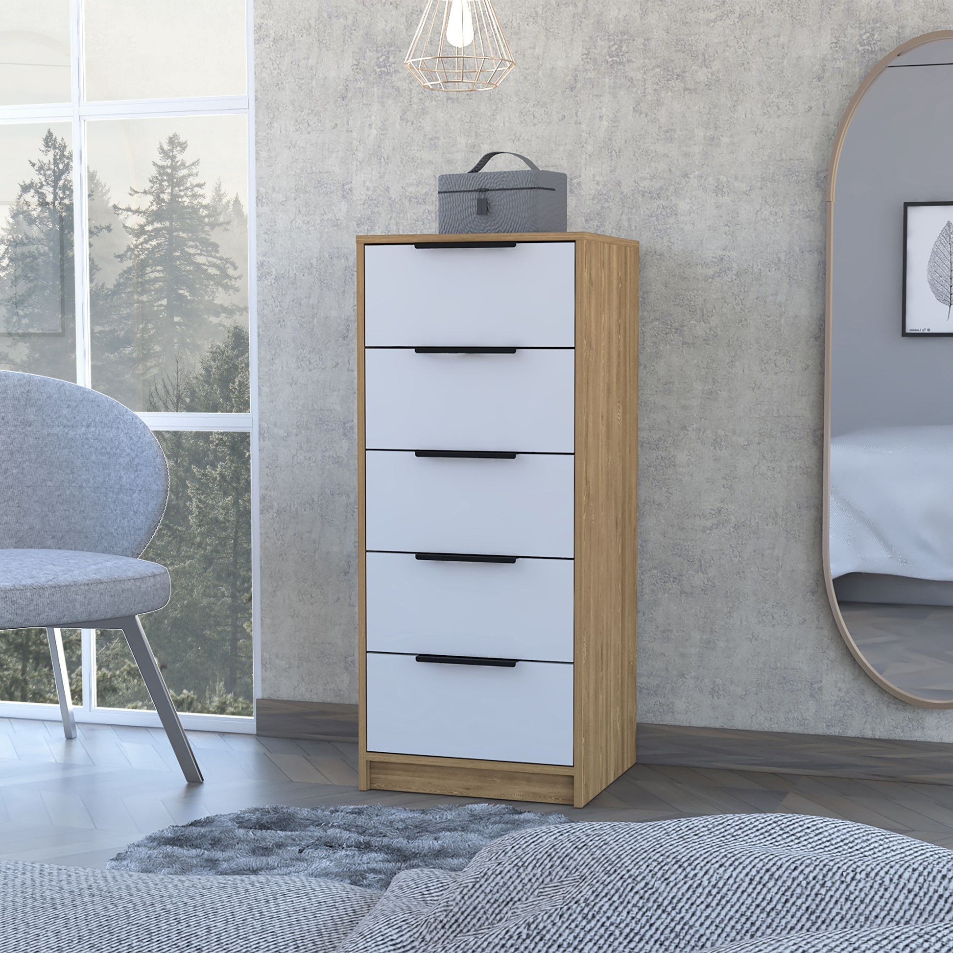 Kaia 5-drawer vertical dresser in white and pine with black drawer pulls; gray storage box on top.