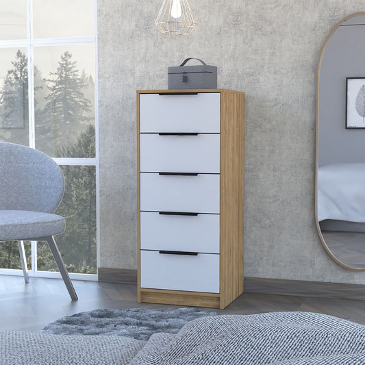 Kaia 5-drawer vertical dresser in white and pine with black drawer pulls; gray storage box on top.
