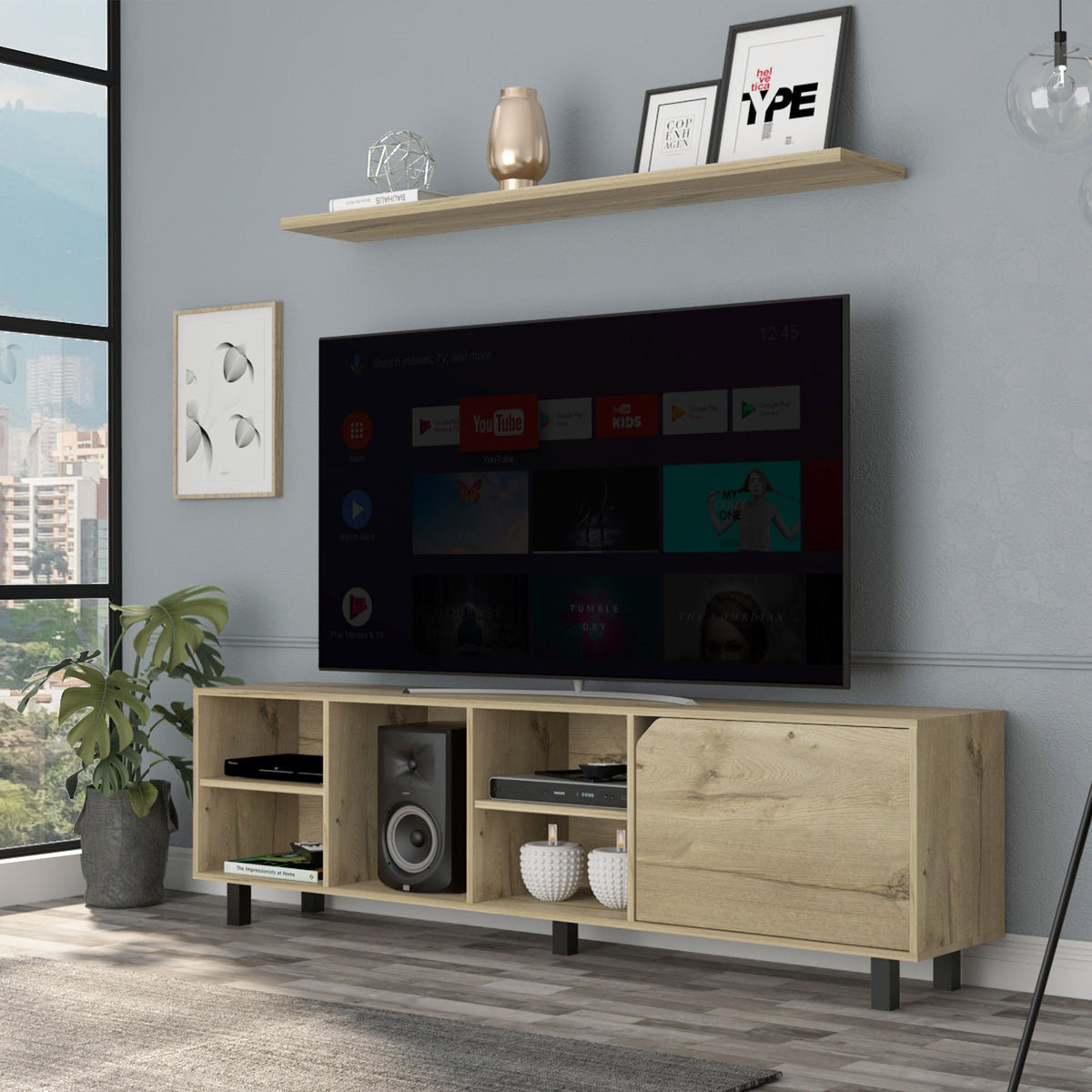 Valdivia TV Stand in light oak for TVs up to 70 inches with four open shelves and five legs