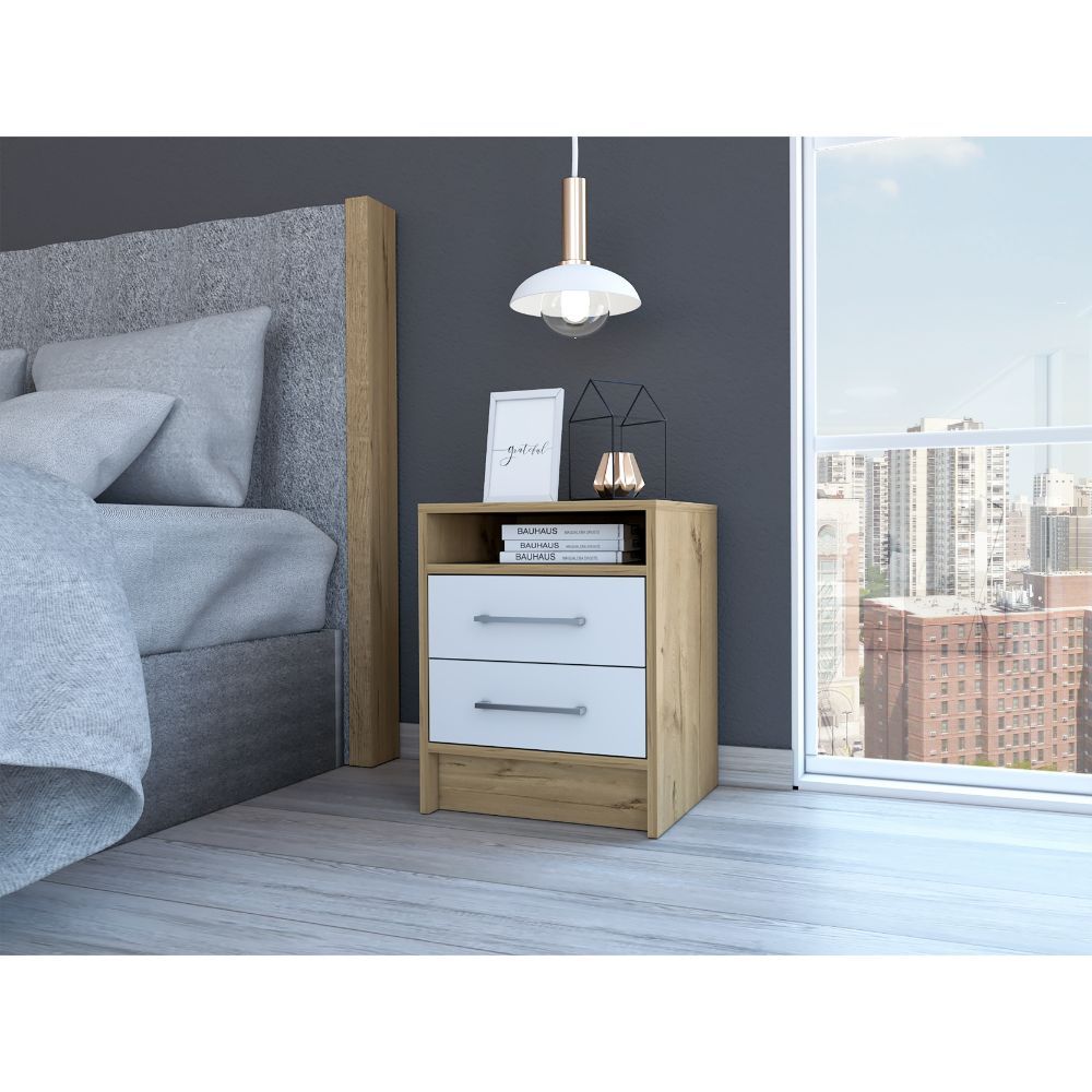 Eter Nightstand with light oak frame and white drawer fronts, two drawers and open shelf above in a modern bedroom.
