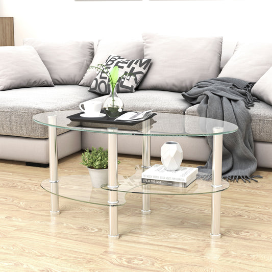 Transparent oval glass coffee table with three tiers and stainless steel legs in living room
