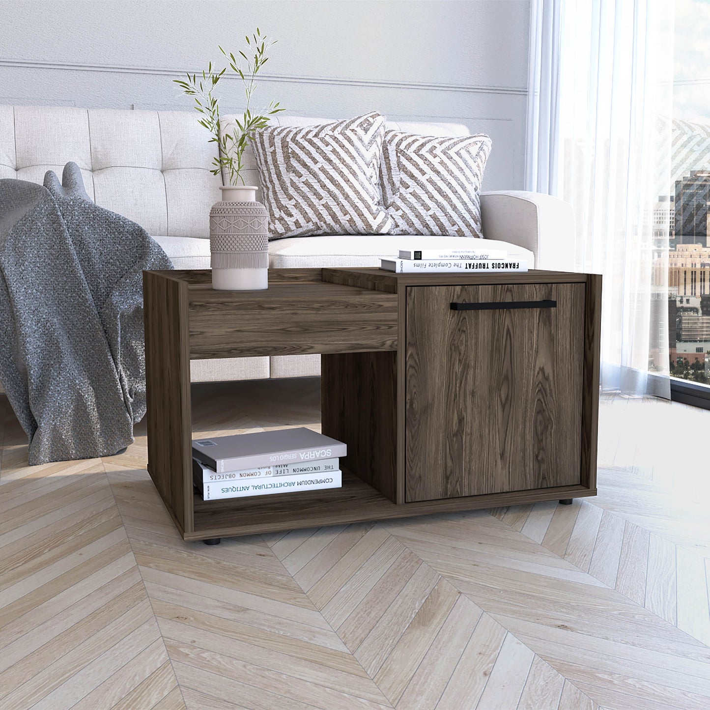Lyon Coffee Table in dark walnut with a single door cabinet and open shelf.