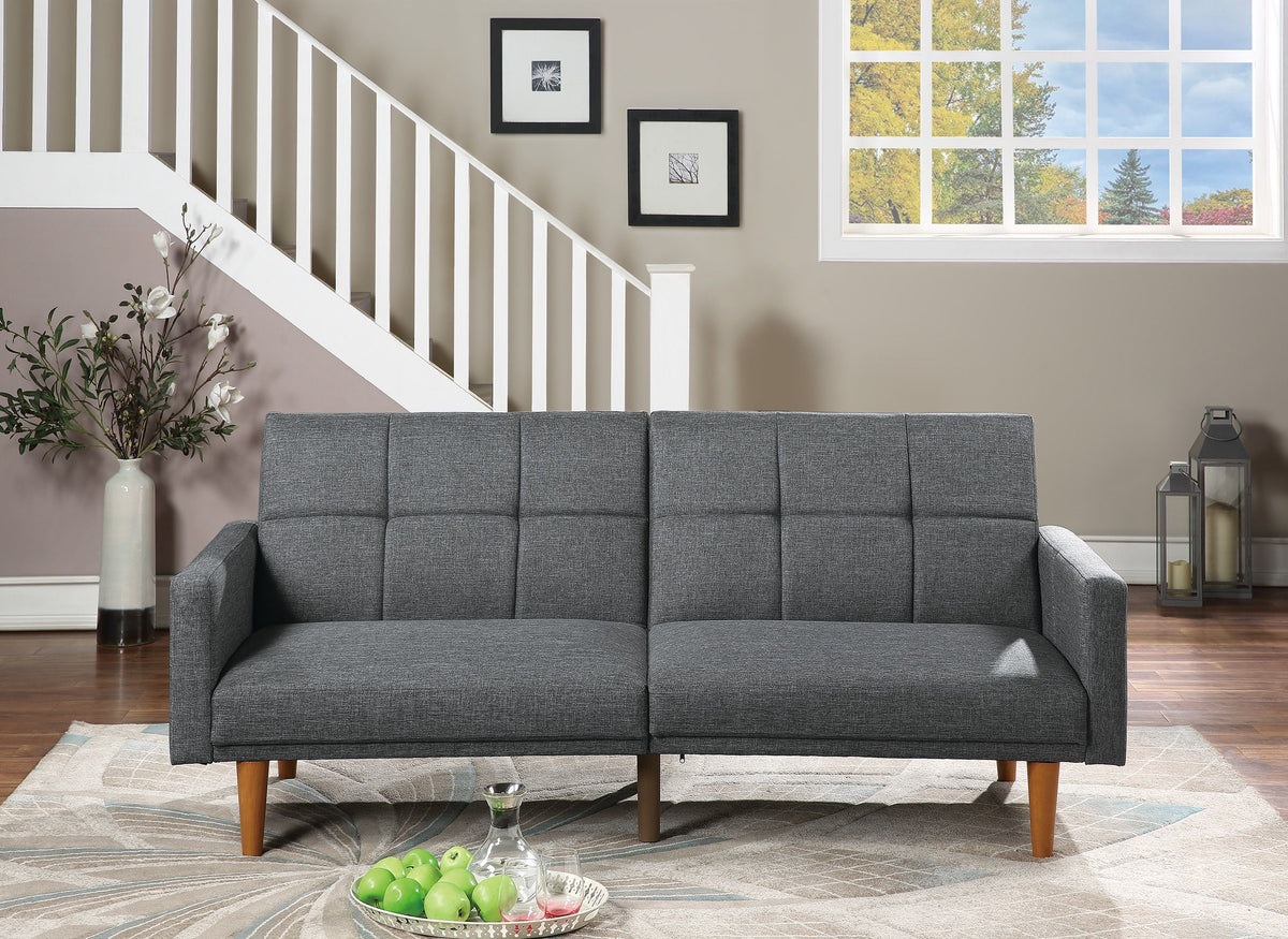 Sofa transitional blue-gray polyfiber tufted with wooden legs