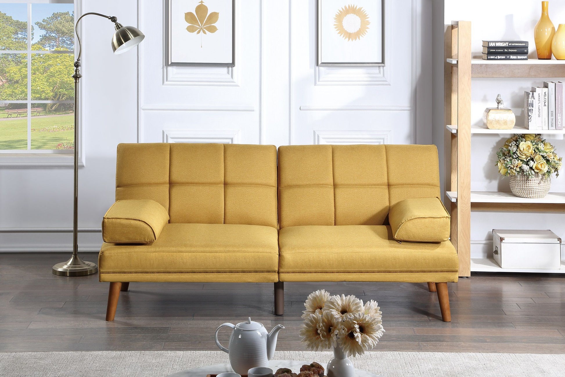 Mustard polyfiber 1pc tufted sofa with solid wood legs in living room, modern decor