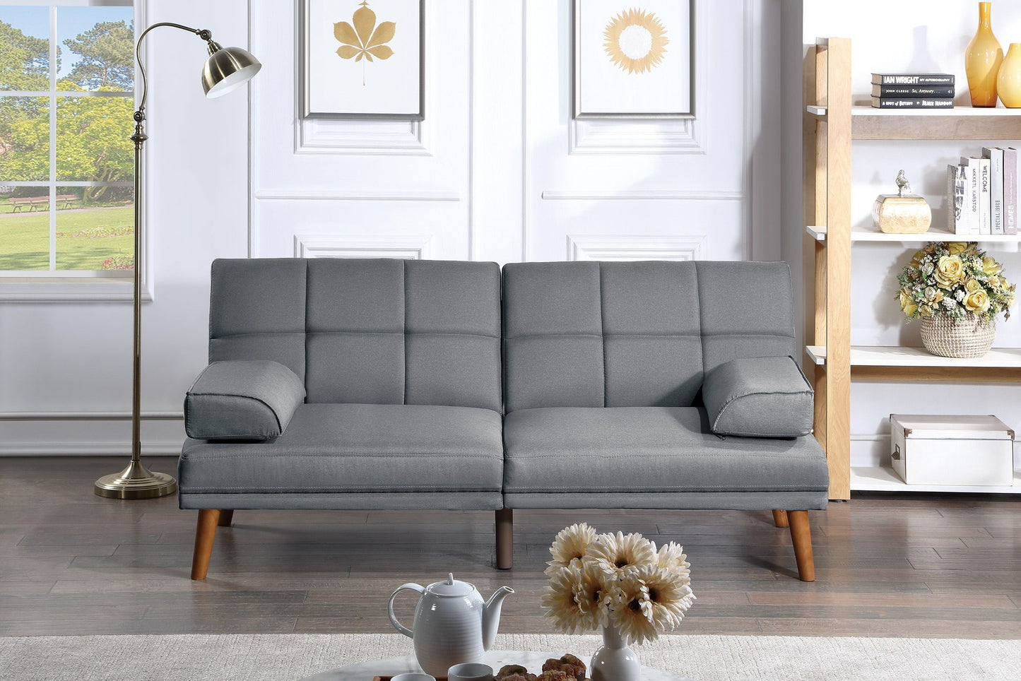 Blue-gray polyfiber tufted sofa with solid wood legs, 3-seat living room couch