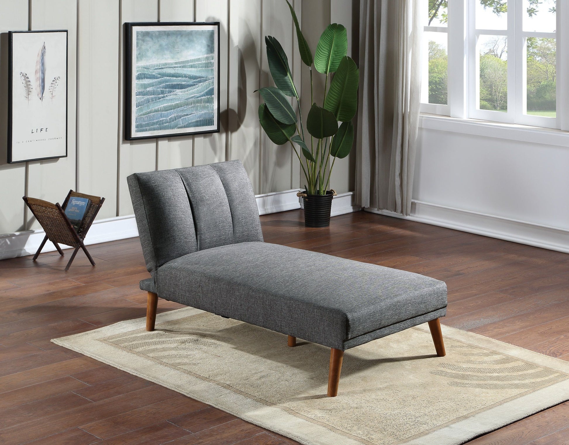 Blue-gray polyfiber chaise lounge with solid wood legs, adjustable for living room.