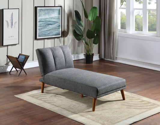 Blue-gray polyfiber chaise lounge with solid wood legs, adjustable for living room.
