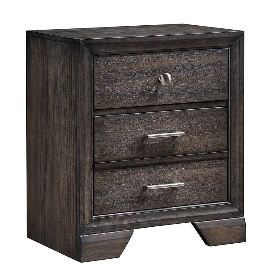 Doba nightstand, dark wood finish, three-drawer contemporary solid-wood end table with metal handles