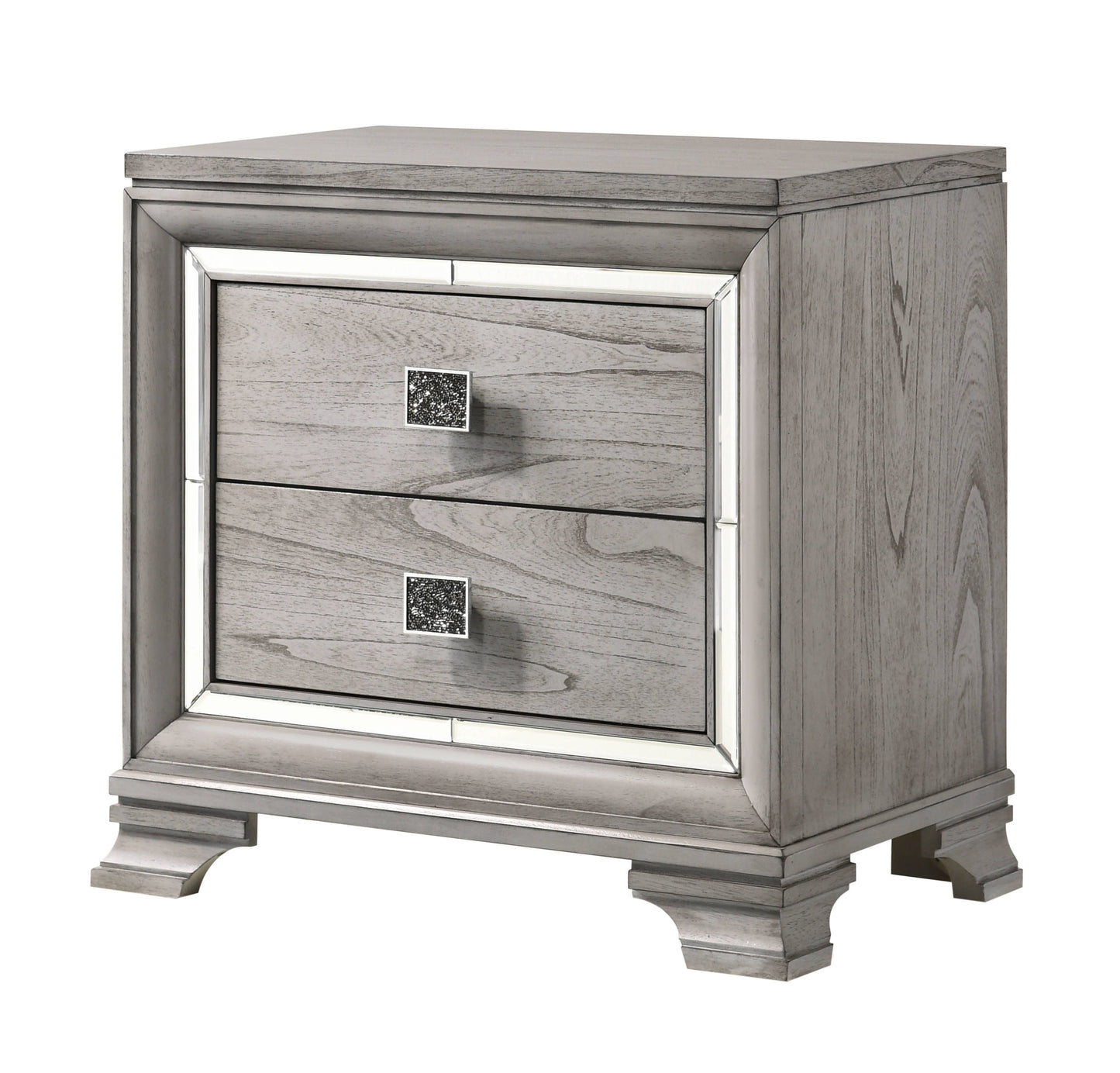Contemporary mirrored nightstand with 2 drawers, light gray finish, silver frame and mirrored accents on all sides