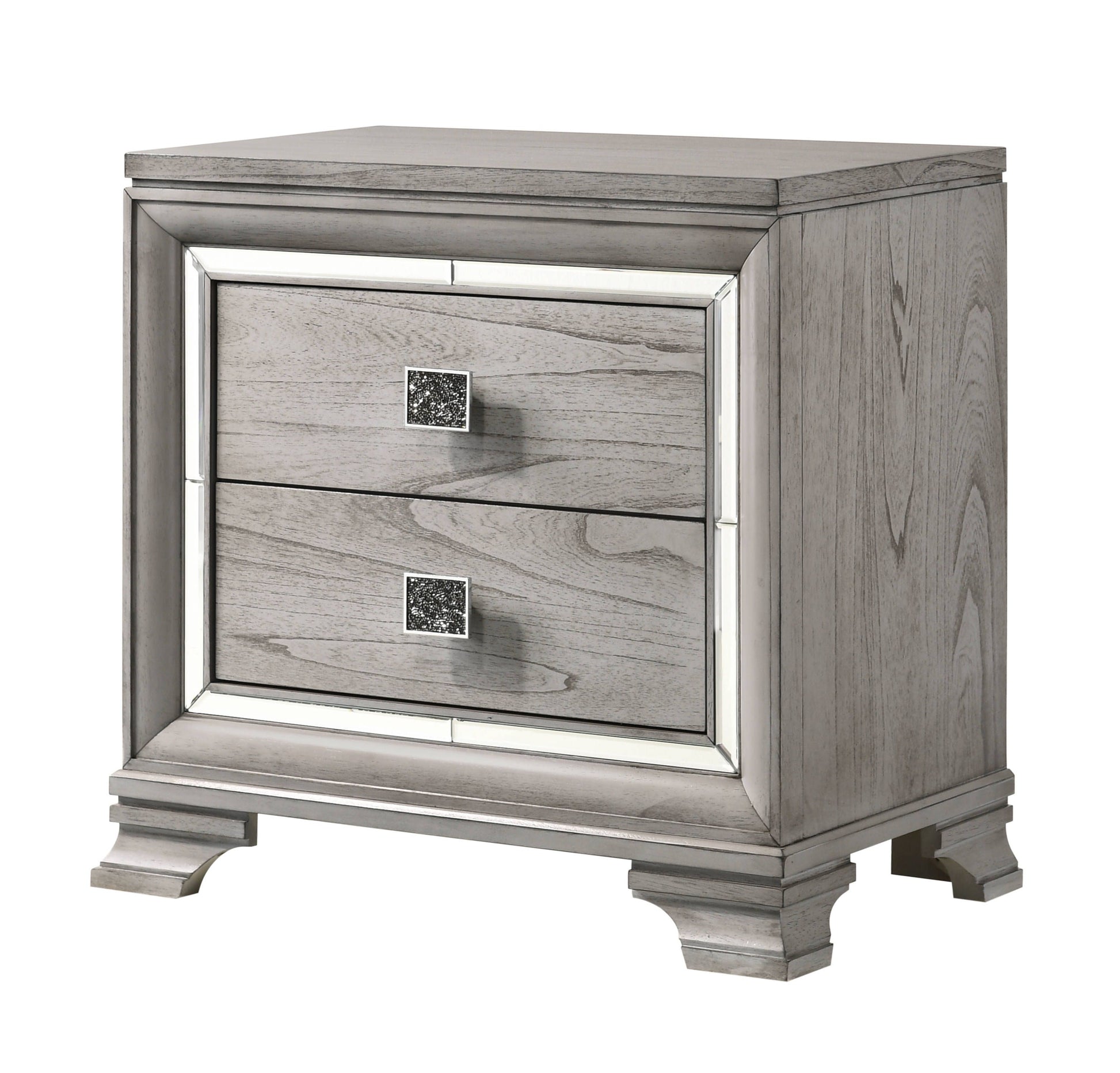 Contemporary mirrored nightstand with 2 drawers, light gray finish, silver frame and mirrored accents on all sides