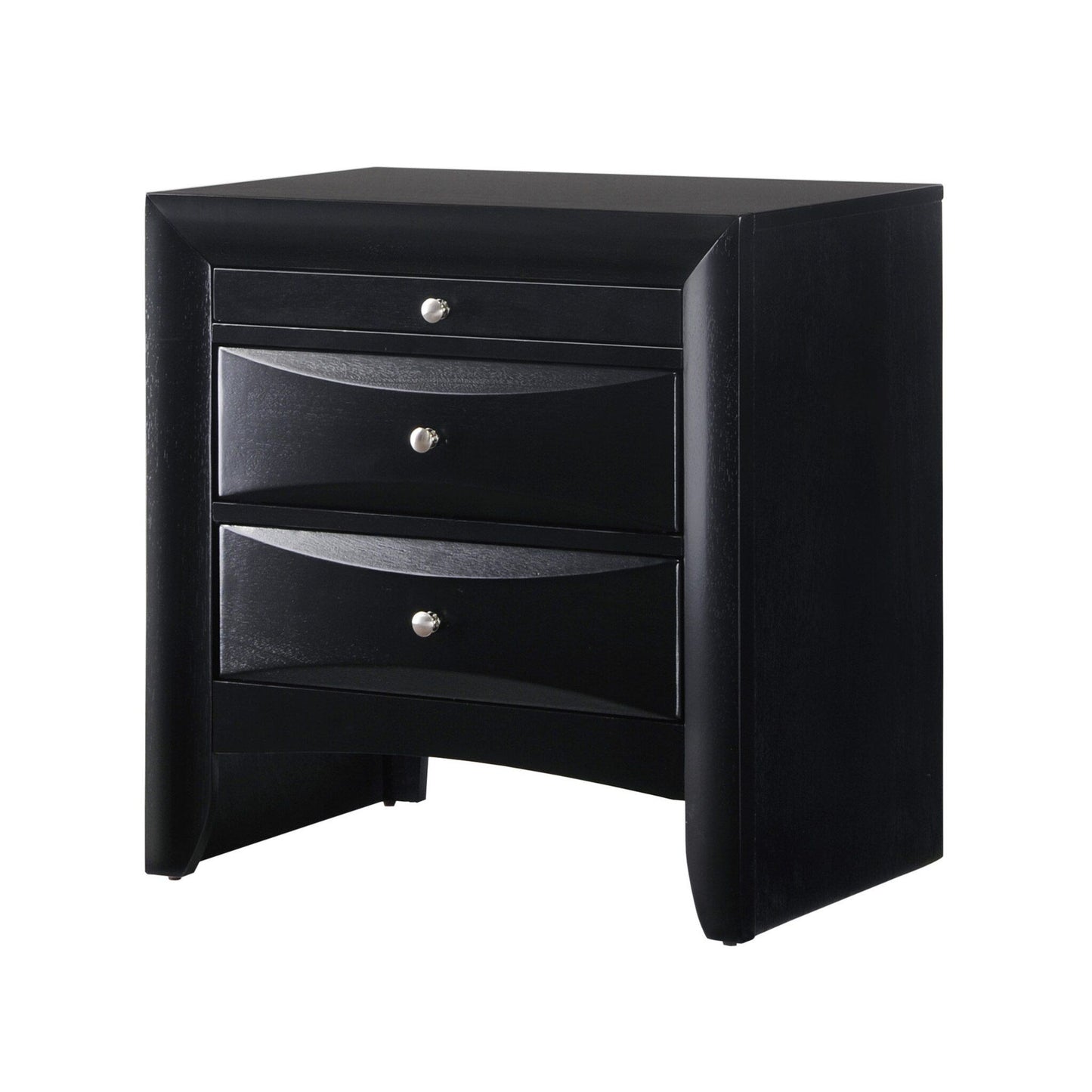 Doba black 2-drawer nightstand, solid wood with silver knobs