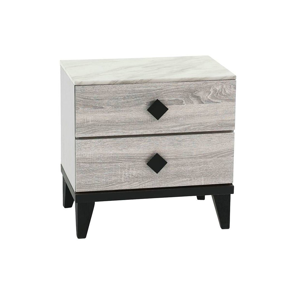 Smithson nightstand with 2 drawers in cream finish, black diamond pulls, black tapered legs