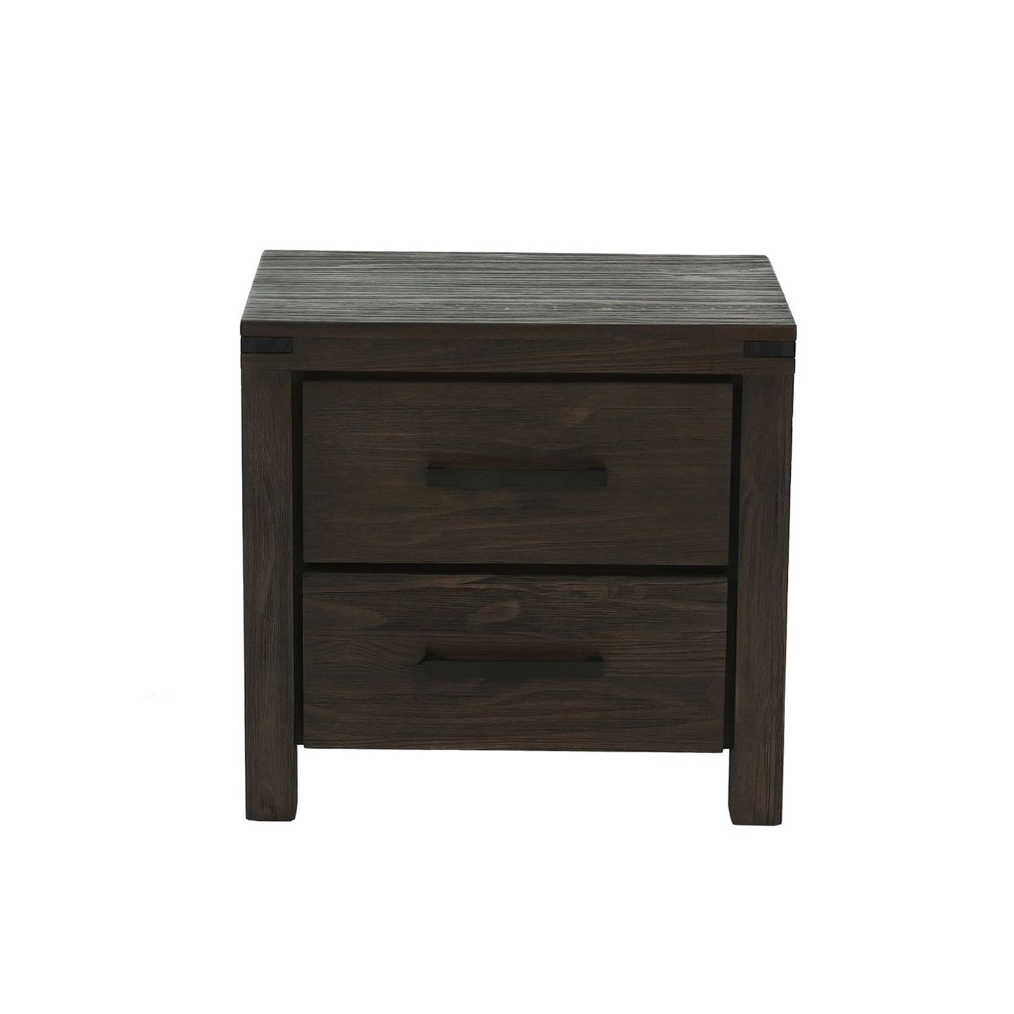 Two-drawer nightstand in espresso wood with a dark finish and slim black handles