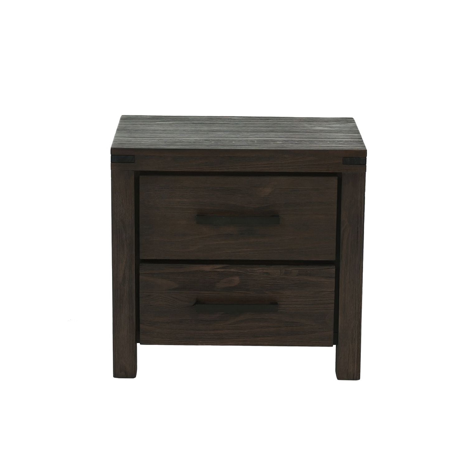 Two-drawer nightstand in espresso wood with a dark finish and slim black handles