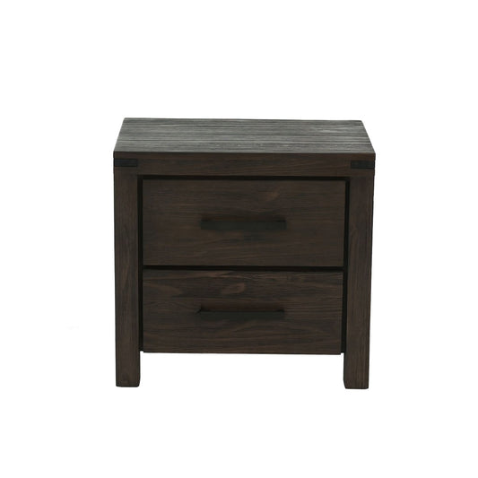 Two-drawer nightstand in espresso wood with a dark finish and slim black handles