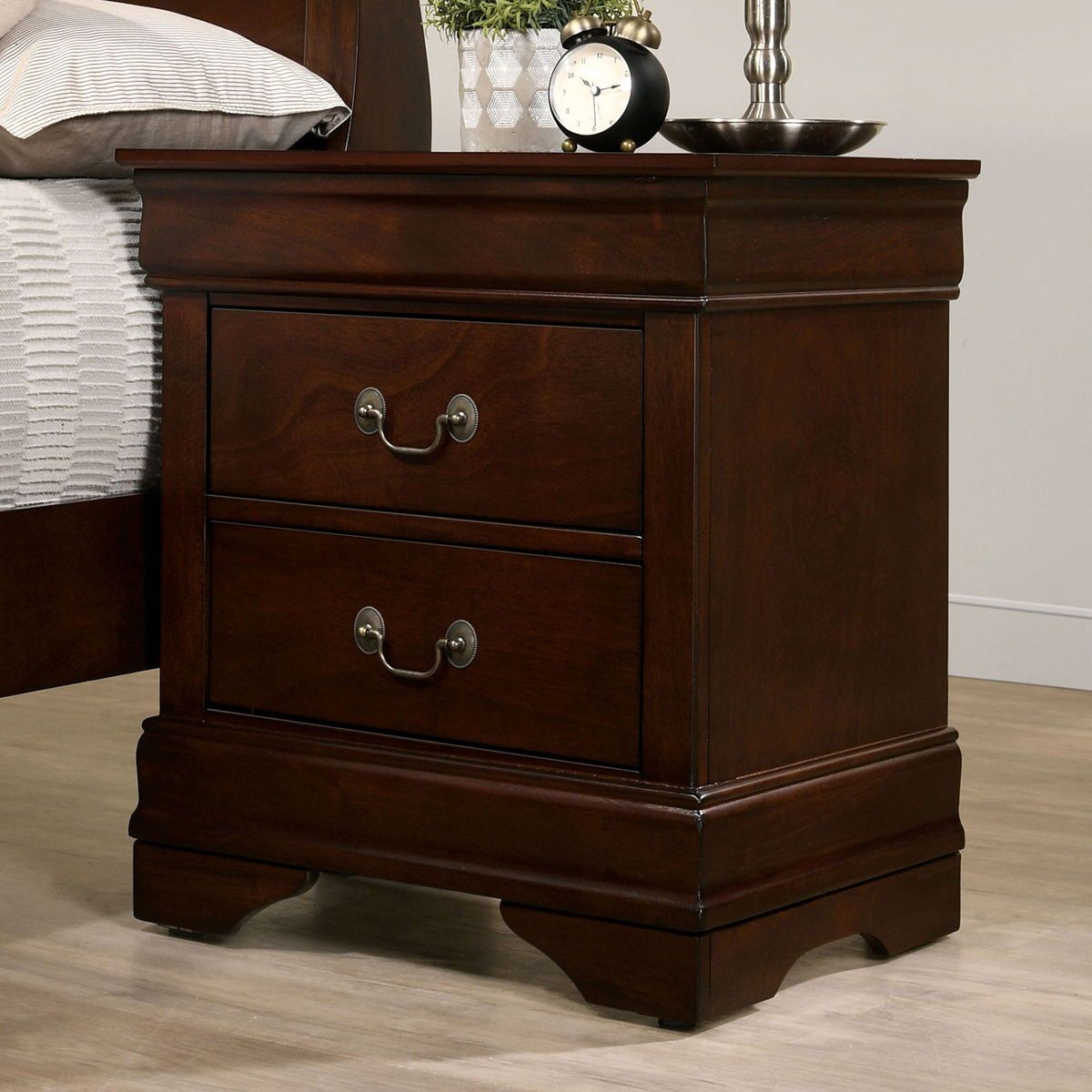 Nightstand in dark cherry finish, solid wood Louis Philippe style with English dovetail drawers and antique nickel pulls