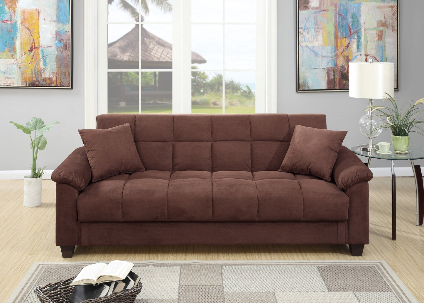 Contemporary chocolate brown microfiber sofa with plush cushions in a living room