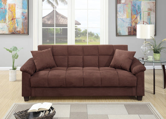 Contemporary chocolate brown microfiber sofa with plush cushions in a living room