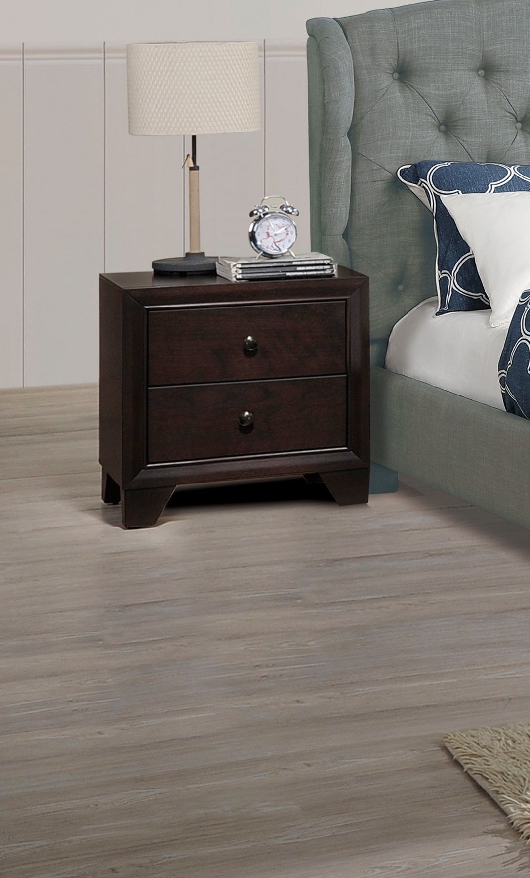 Doba modern brown rubberwood nightstand with two drawers for bedside use