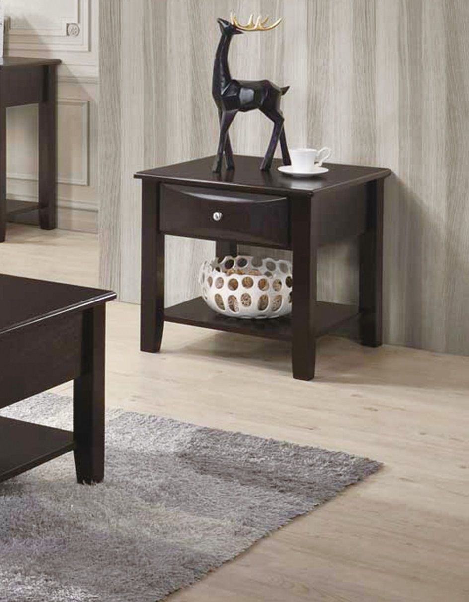 Two Doba wooden end tables with drawer and lower shelf in dark brown, living room sofa-side tables.