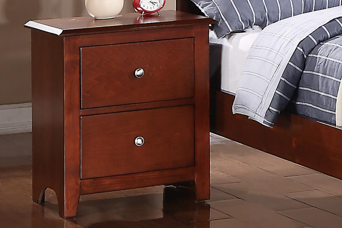 Cherry wood bedroom nightstand with two drawers and metal knobs, bedside table