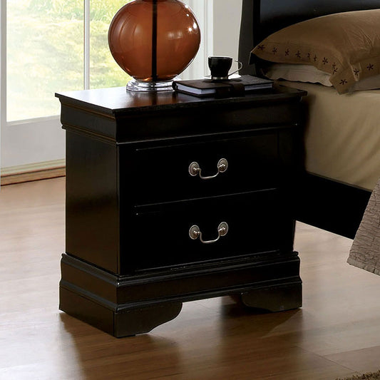 Black solid-wood Louis Philippe nightstand with dovetail drawers and antique nickel pulls, shown with lamp.
