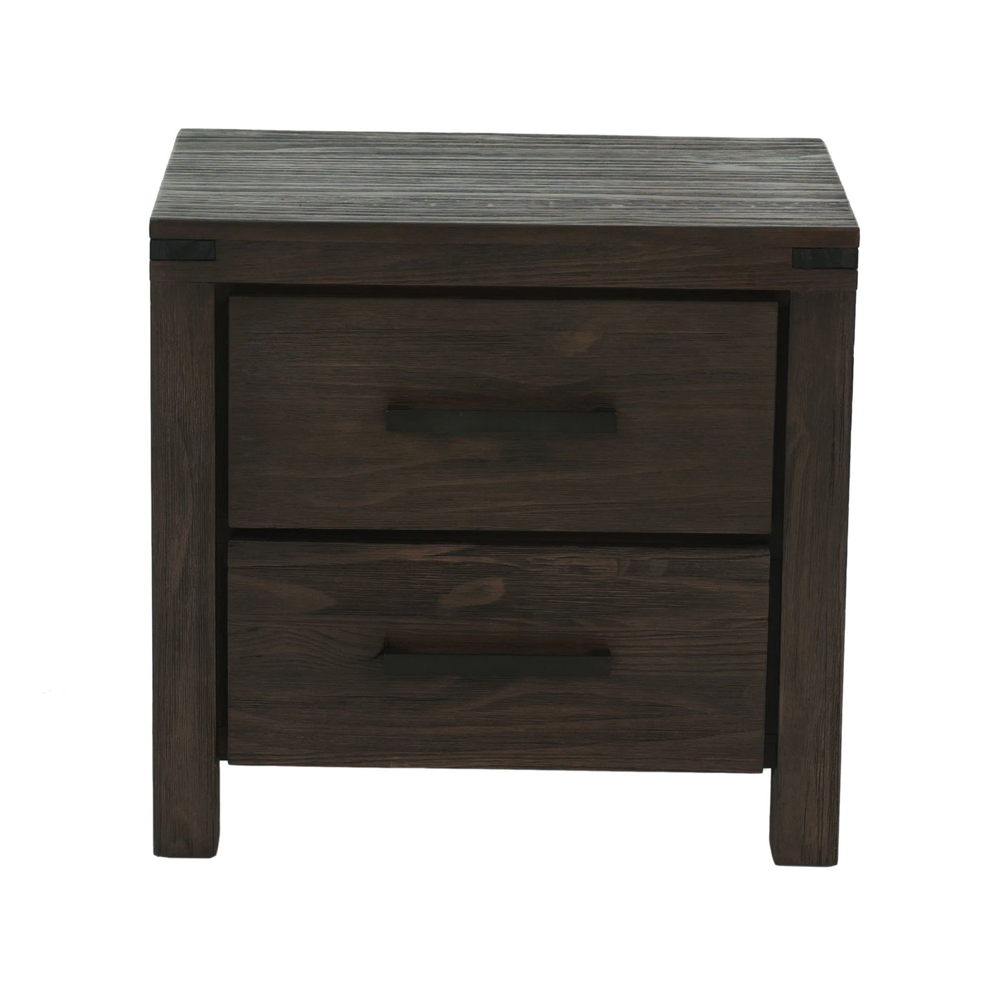 Nightstand made of solid wood in dark brown with two drawers for a modern bedroom