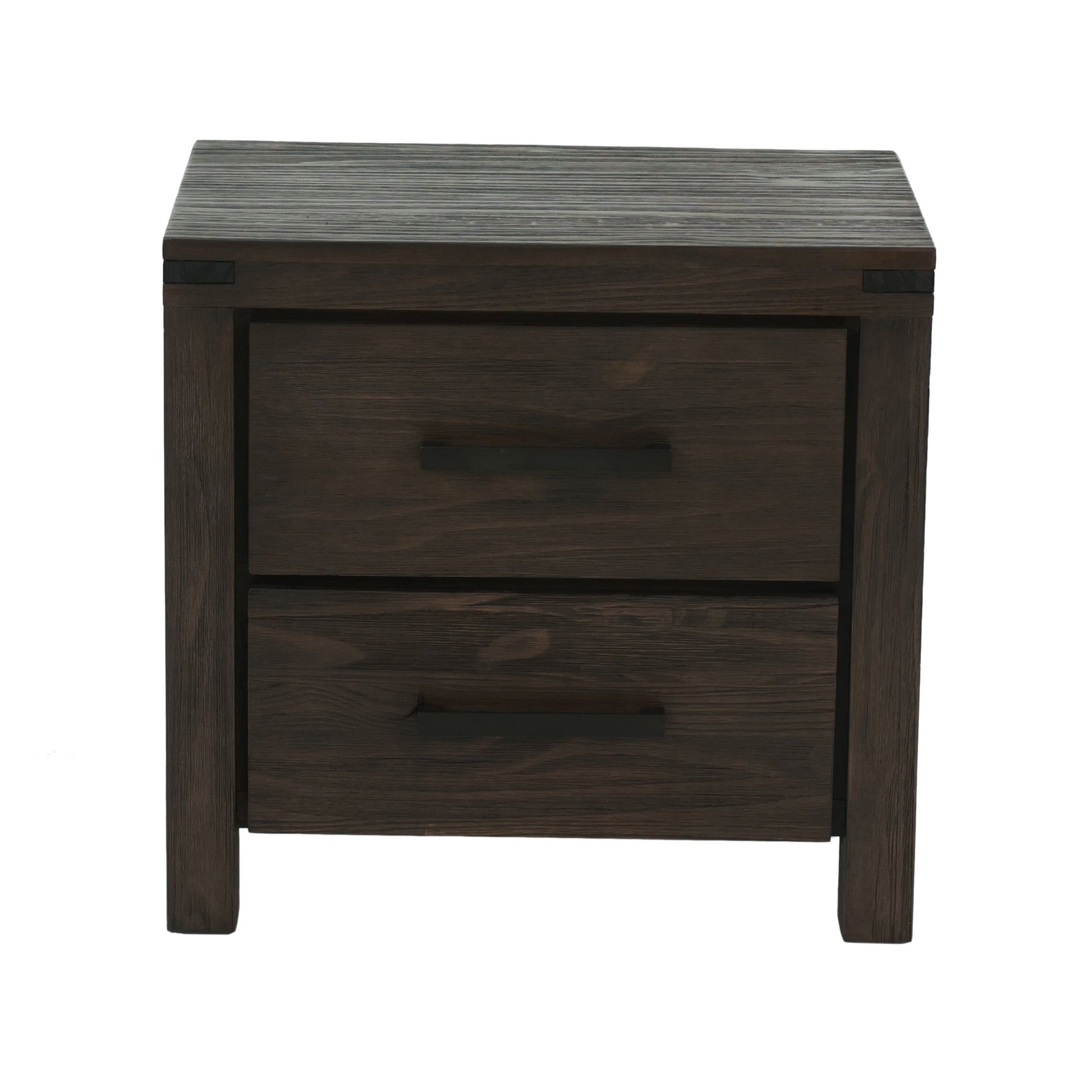 Nightstand made of solid wood in dark brown with two drawers for a modern bedroom