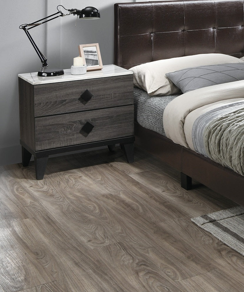Nightstand with two drawers in dark gray wood finish and white top, modern bedside table.