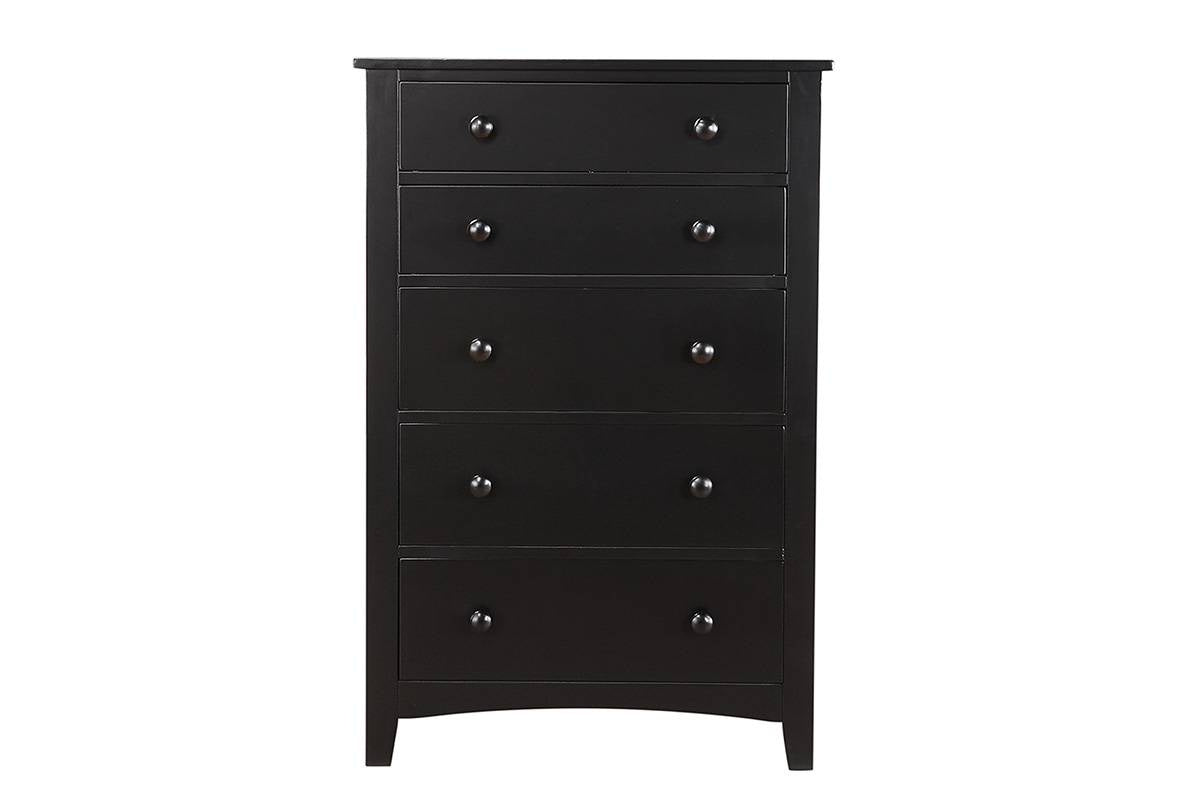 Chest of drawers, tall black finish wood veneer with five drawers and round knobs