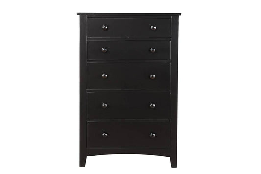 Chest of drawers, tall black finish wood veneer with five drawers and round knobs