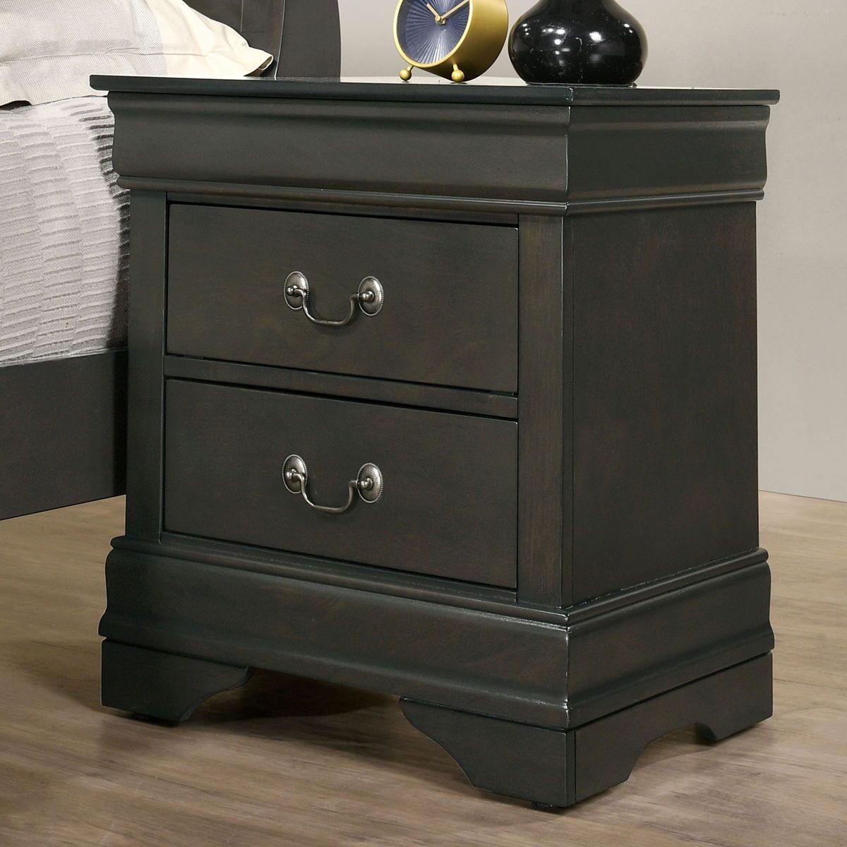 Nightstand gray Louis Philippe solid wood with English dovetail construction and antique nickel pulls
