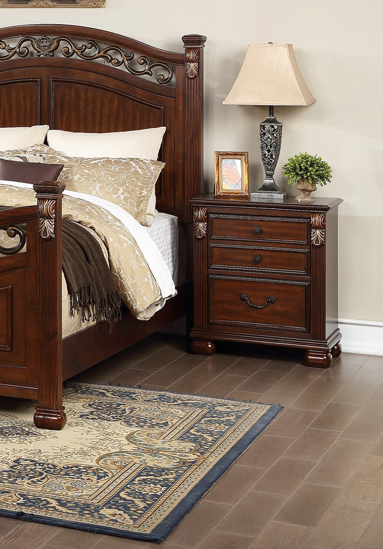 Nightstand in dark cherry wood with three drawers, traditional bedside table by Doba