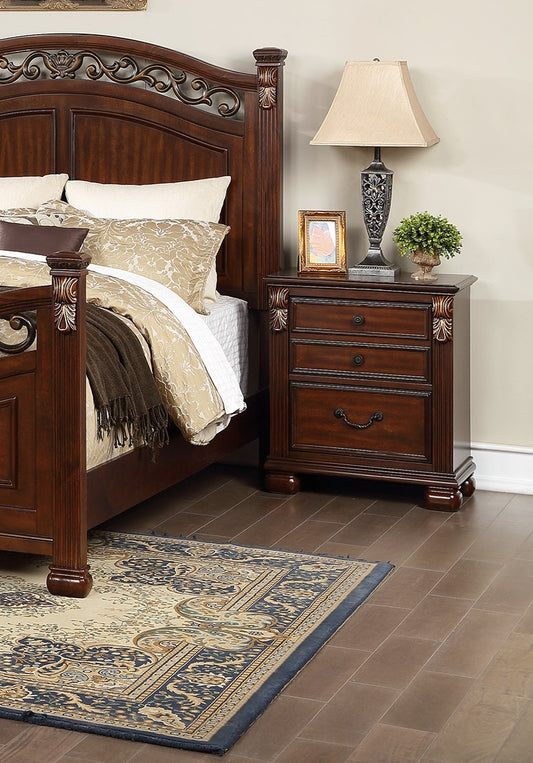 Nightstand in dark cherry wood with three drawers, traditional bedside table by Doba