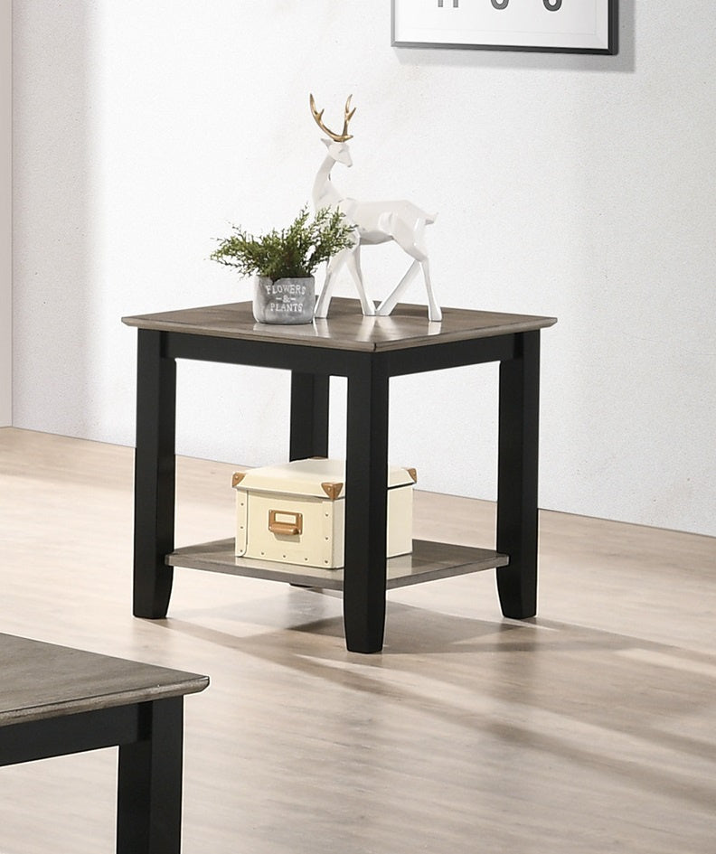 End table with solid rubberwood top and lower shelf, black legs, two-tier design
