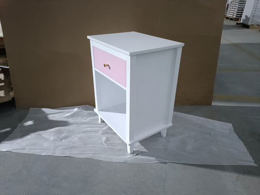Wooden nightstand 26.77-inch tall with pink drawer and white frame, 1 drawer and 1 shelf