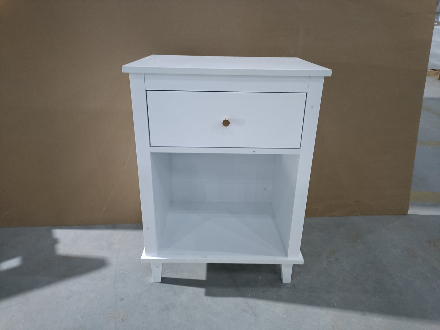 Nightstand: white wooden with one drawer and open lower shelf