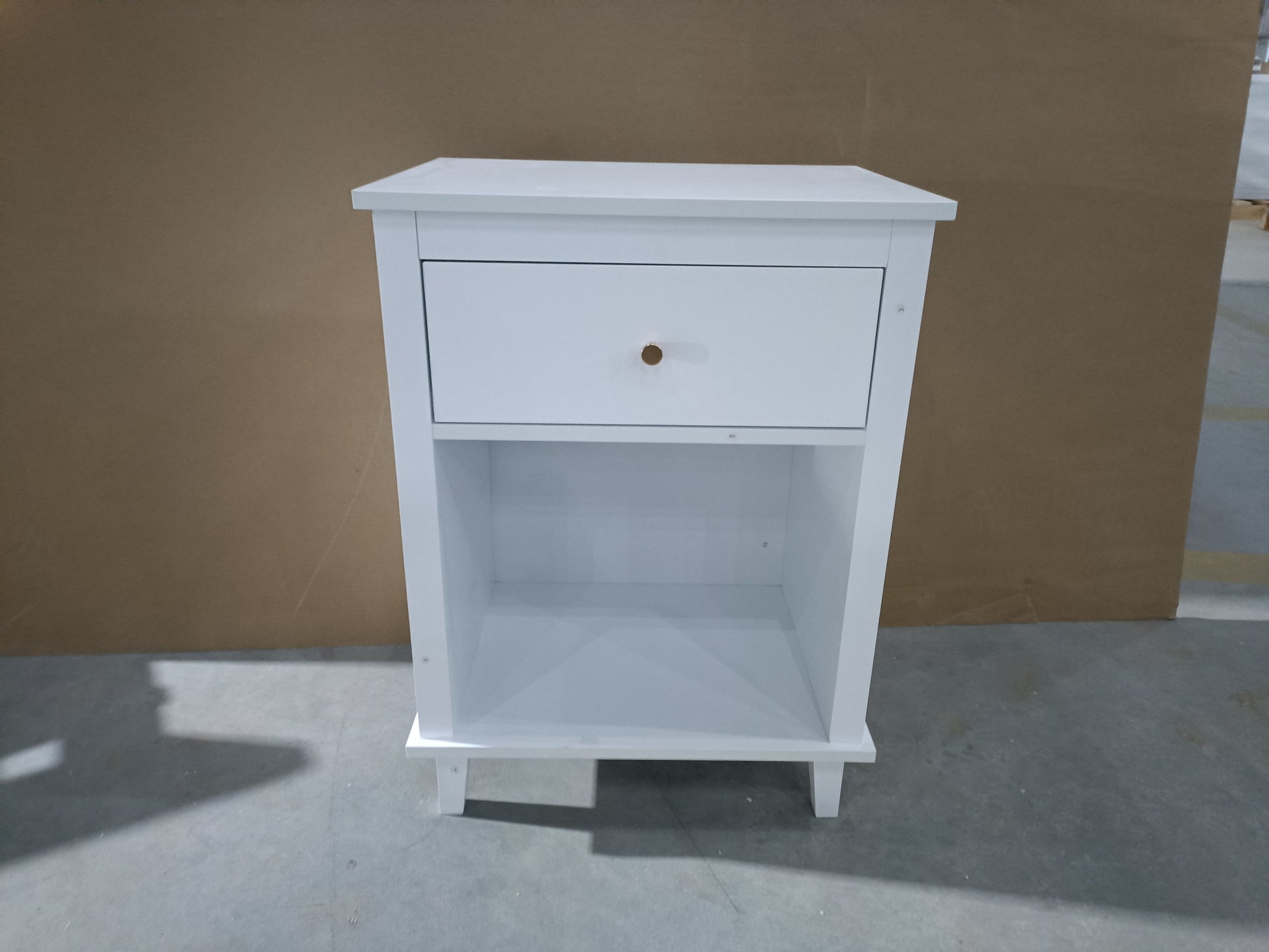 Nightstand: white wooden with one drawer and open lower shelf